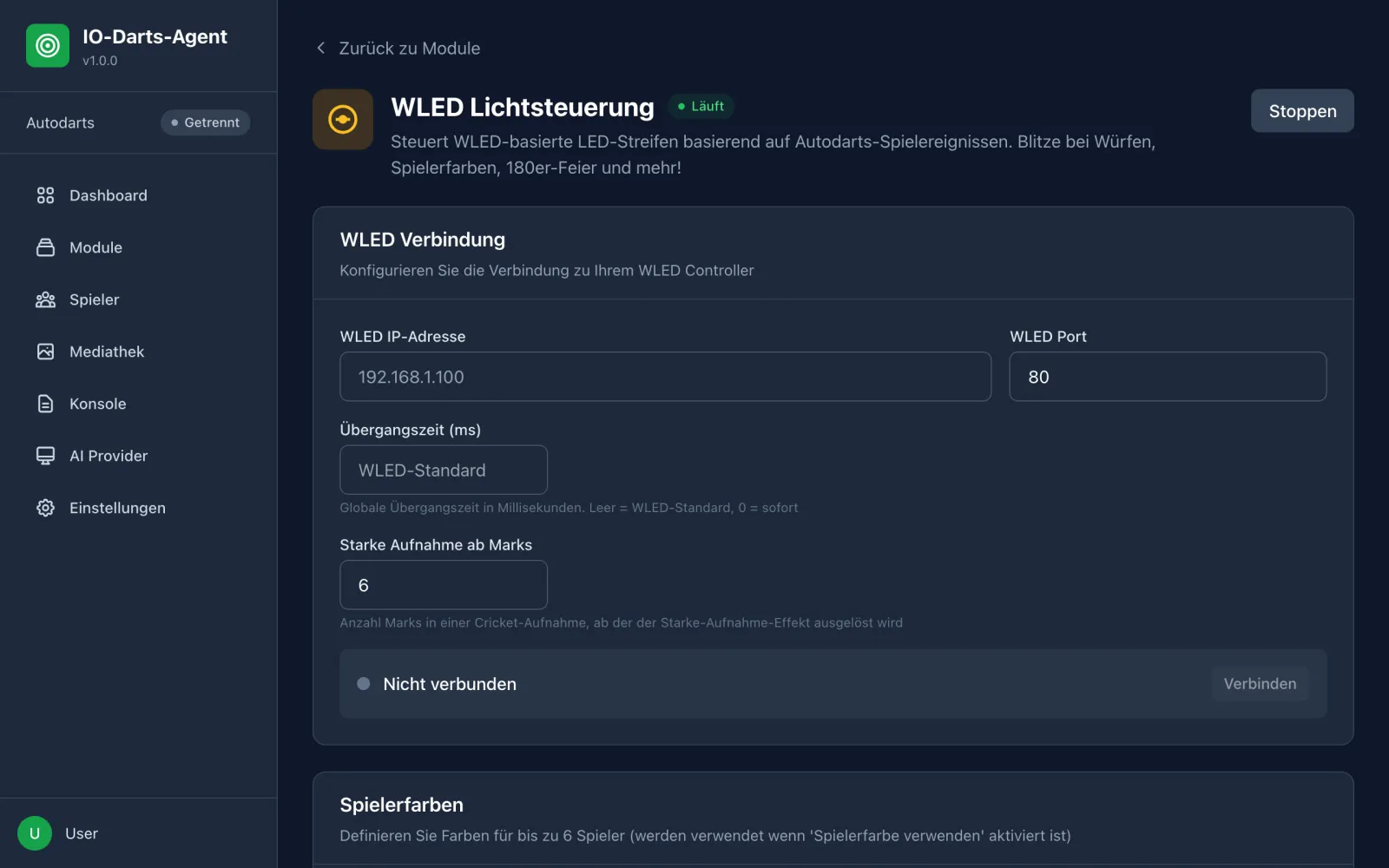 WLED-Konfiguration mit Spielerfarben und Effekten pro Event