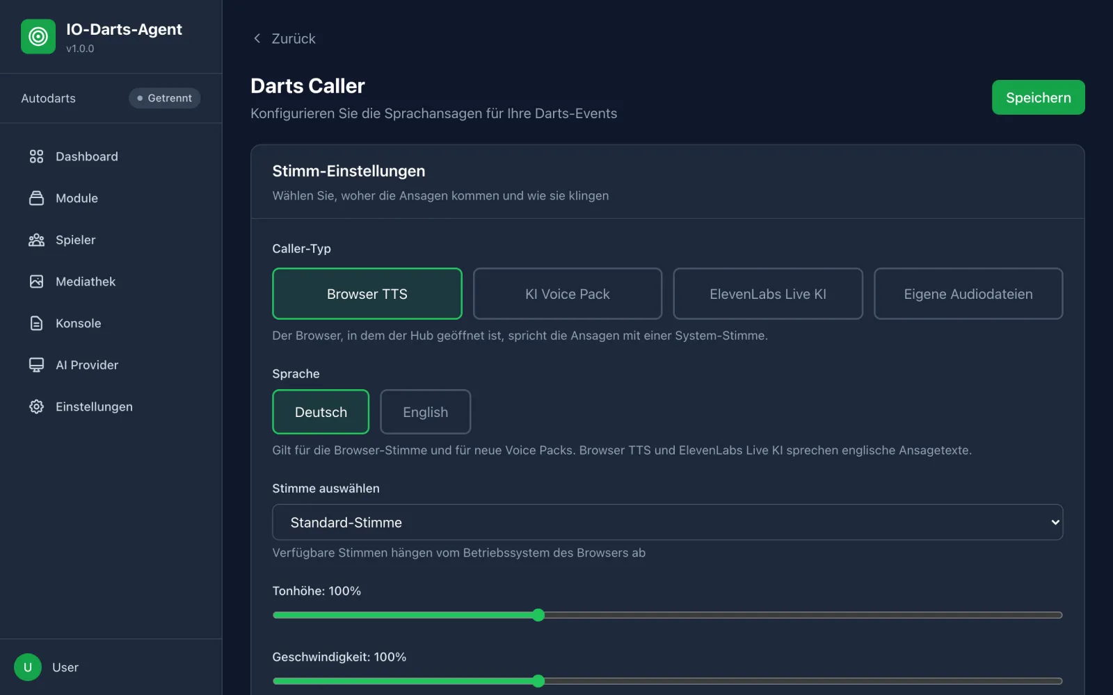 Konfiguration des Darts Caller mit Caller-Typ, Sprache und Stimm-Einstellungen