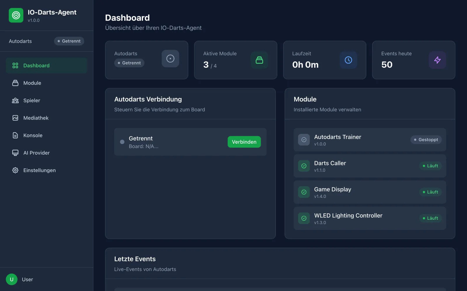 Hub-Dashboard mit laufenden Modulen und Event-Zähler, Autodarts-Board getrennt