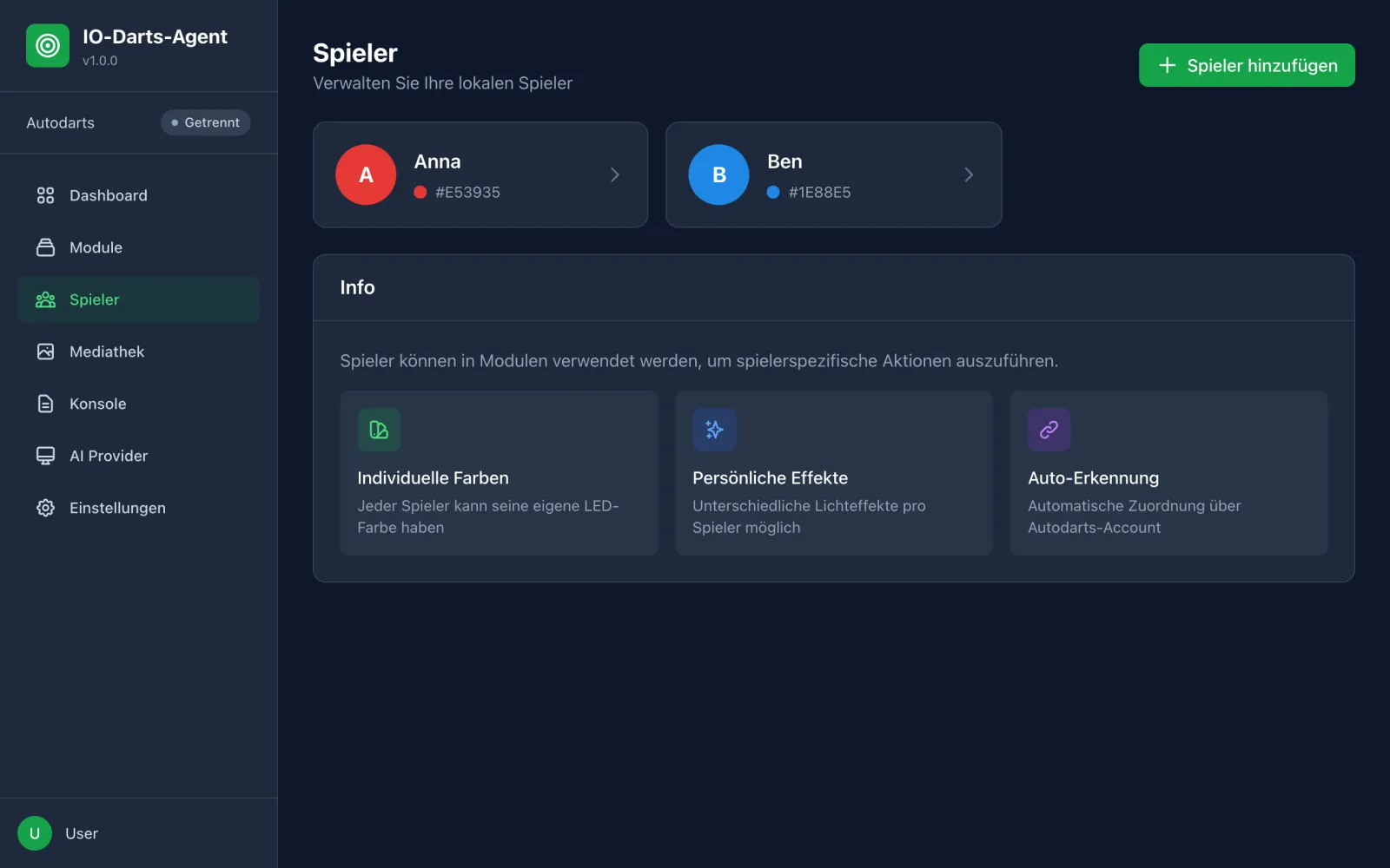 Spielerverwaltung mit Profilen, Farbe und Avatar