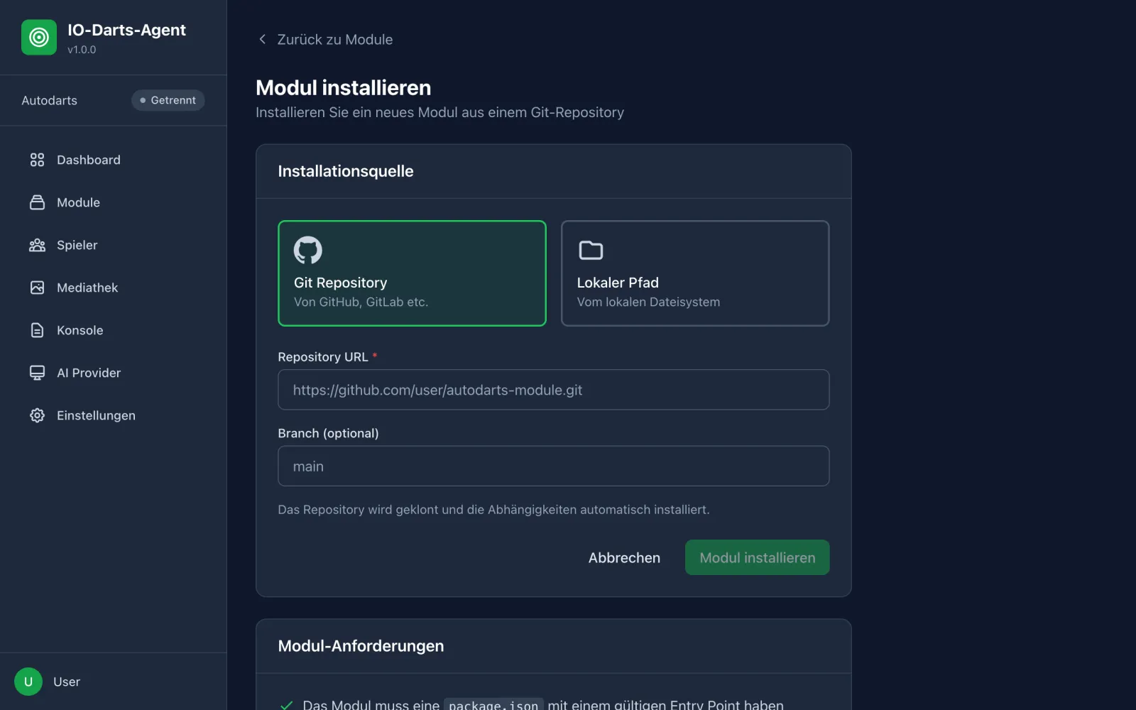 Installation eines Zusatzmoduls aus einem Git-Repository