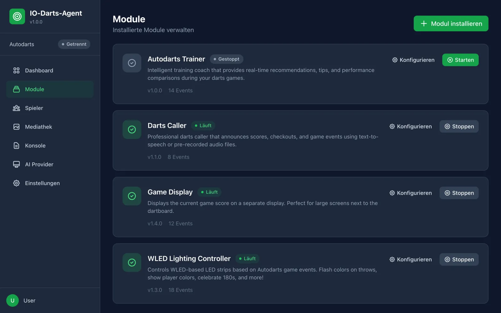 Übersicht aller installierten Module im Hub