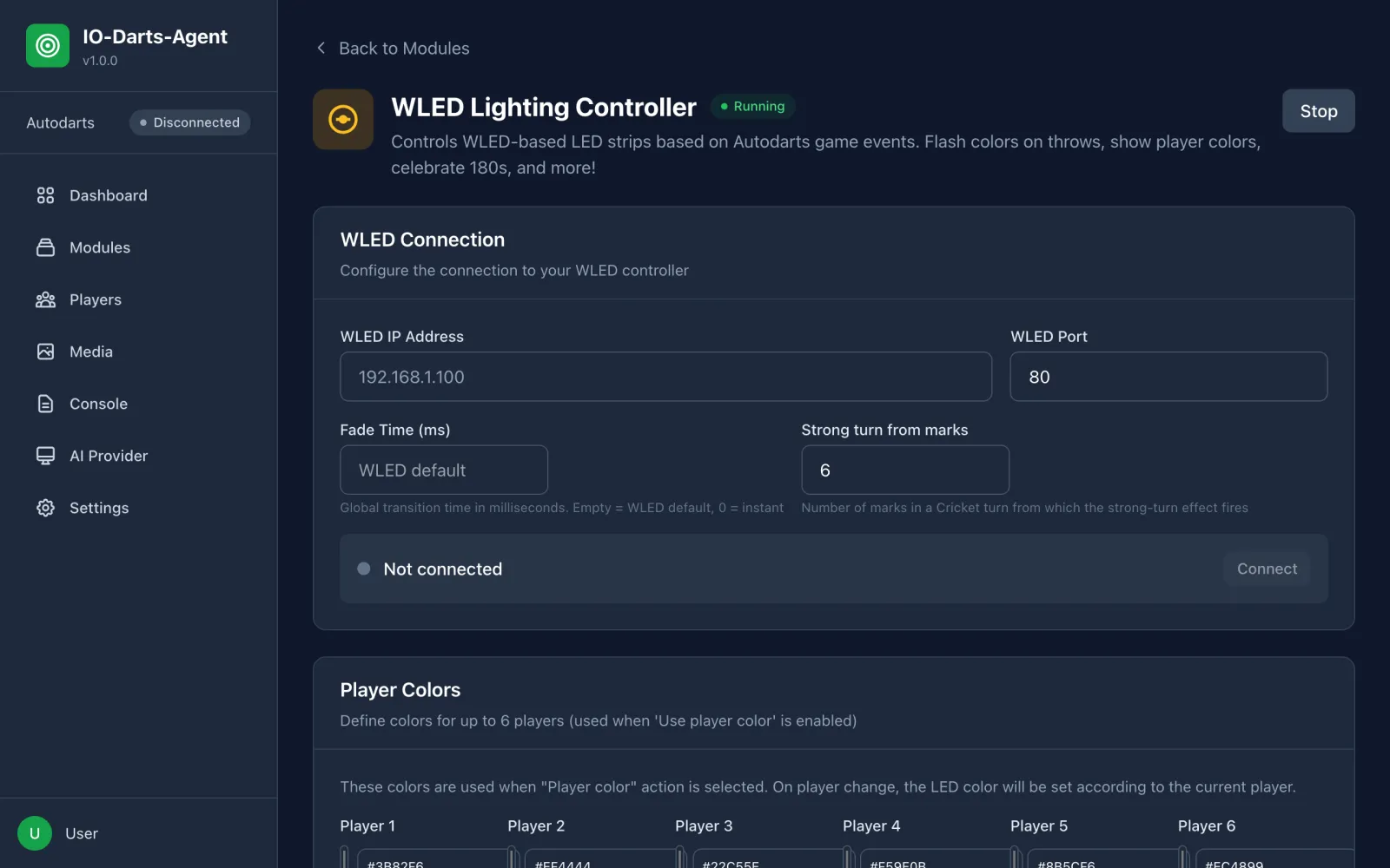 WLED configuration with player colors and effects per event