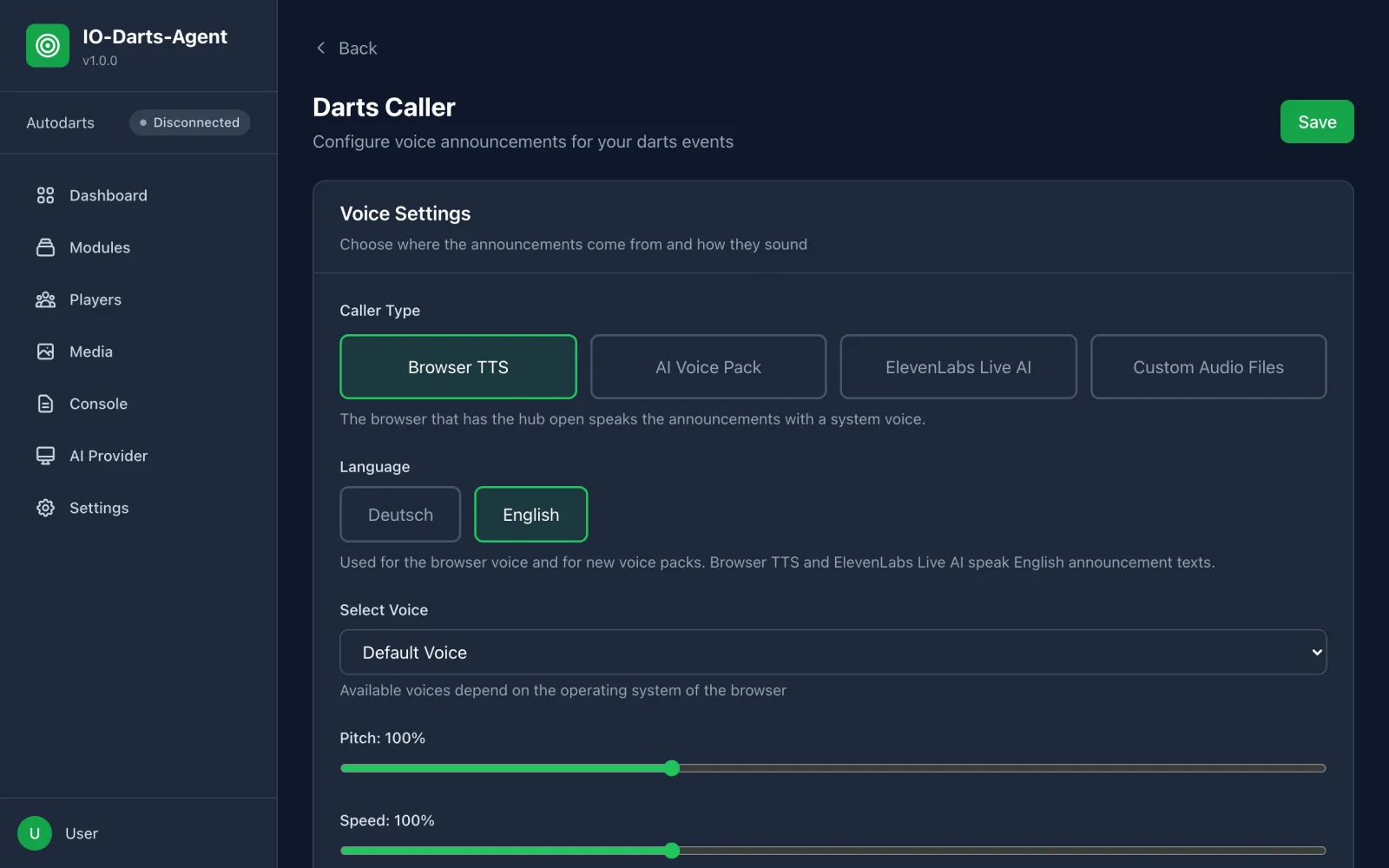 Darts Caller configuration with caller type, language and voice settings