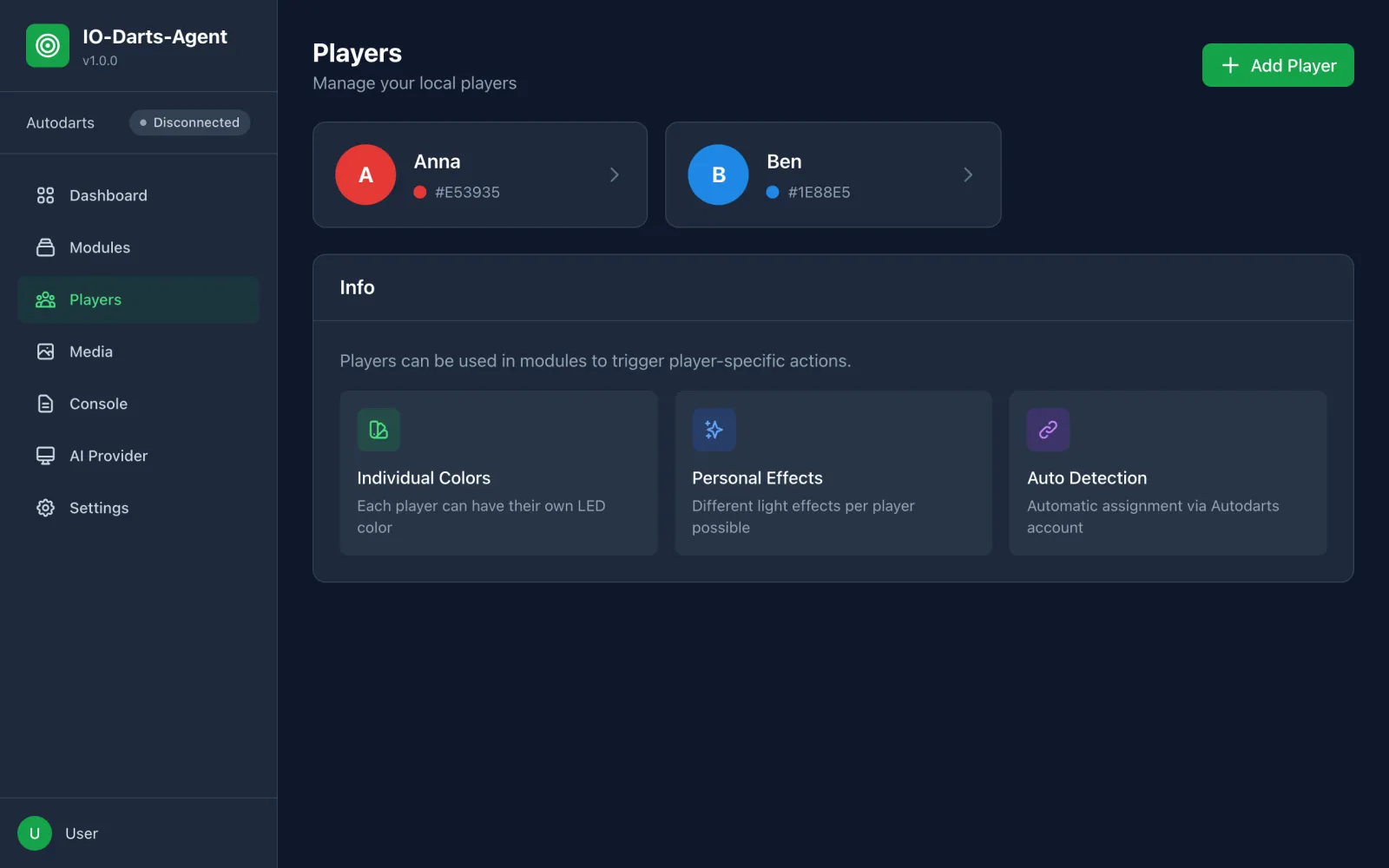 Player management with profiles, color and avatar