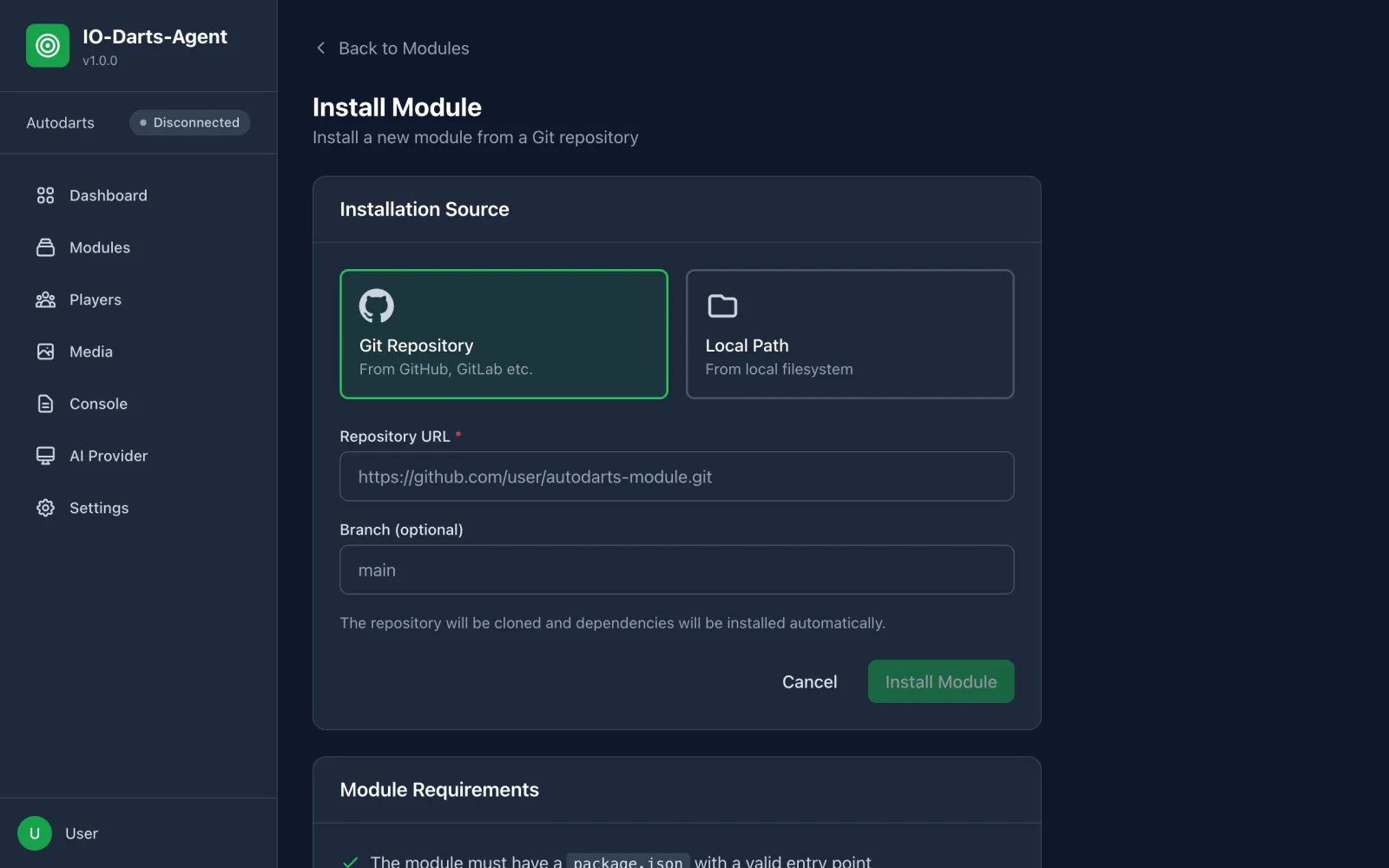 Installing an add-on module from a Git repository